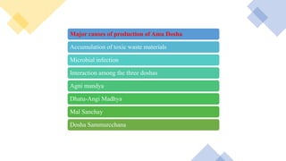 Major causes of production of Ama Dosha
Accumulation of toxic waste materials
Microbial infection
Interaction among the three doshas
Agni mandya
Dhatu-Angi Madhya
Mal Sanchay
Dosha Sammurcchana
 