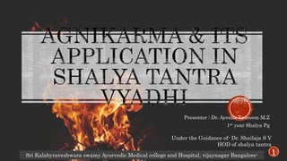 Presenter : Dr. Ayesha Tasneem M.Z
1st year Shalya Pg
Under the Guidance of- Dr. Shailaja S V
HOD of shalya tantra
Sri Kalabyraveshwara swamy Ayurvedic Medical college and Hospital, vijaynagar Bangalore- 1
 