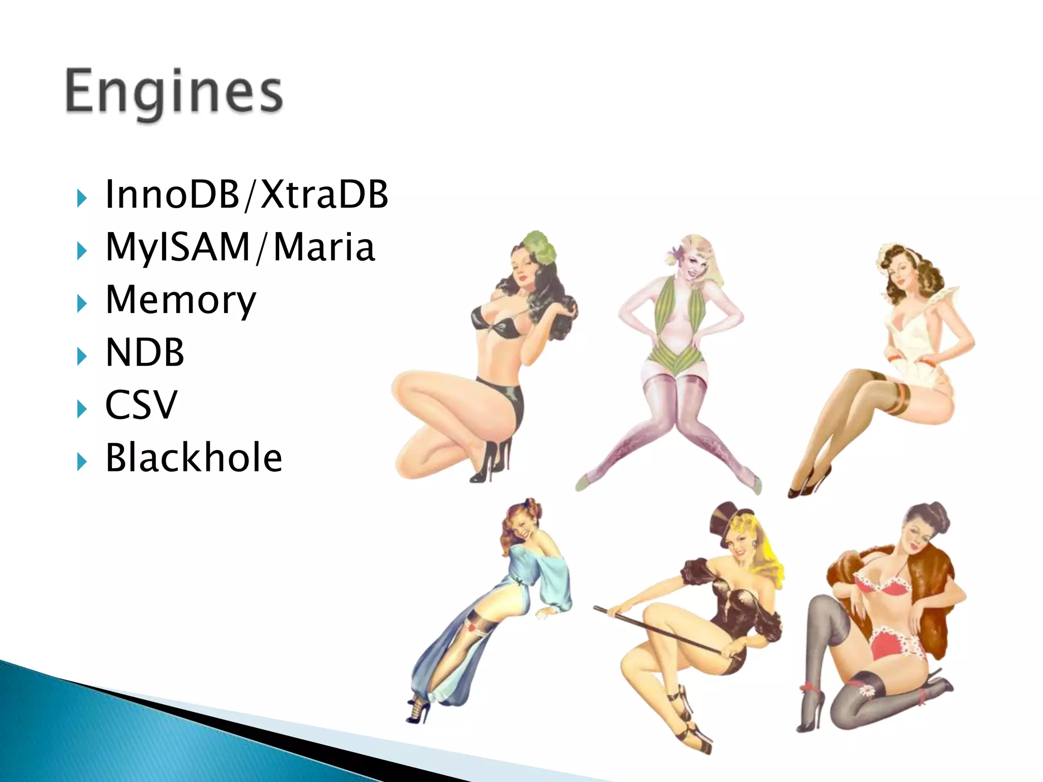 InnoDB/XtraDBMyISAM/MariaMemoryNDBCSVBlackholeEngines