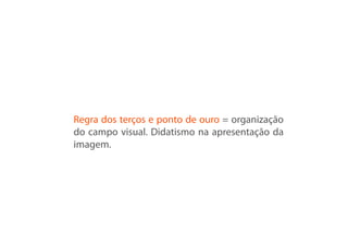 Regra dos terços e ponto de ouro = organização
do campo visual. Didatismo na apresentação da
imagem.
 