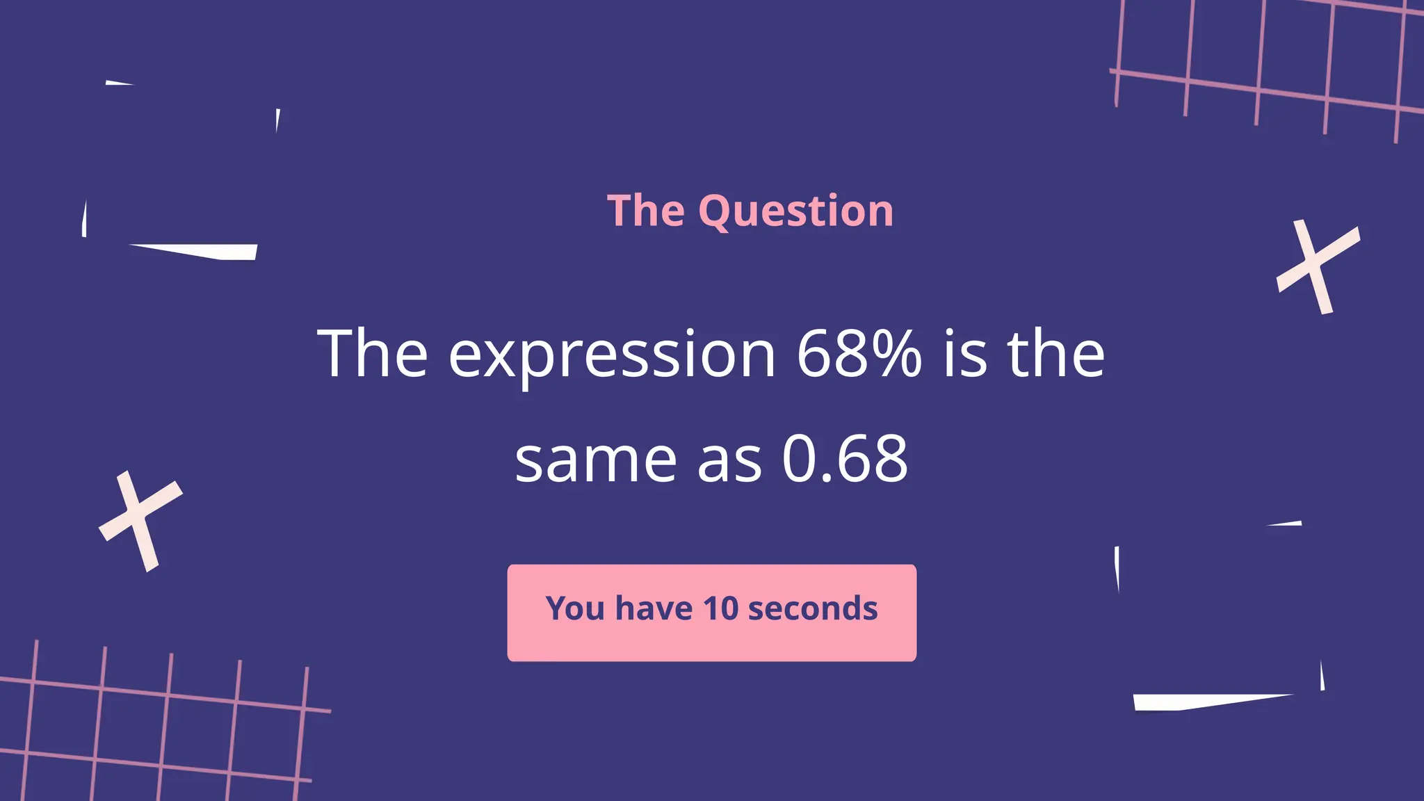 The expression 68% is the
same as 0.68
The Question
You have 10 seconds
 