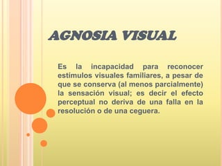 AGNOSIA VISUAL  Es la incapacidad para reconocer estímulos visuales familiares, a pesar de que se conserva (al menos parcialmente) la sensación visual; es decir el efecto perceptual no deriva de una falla en la resolución o de una ceguera.  