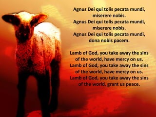 Agnus Dei qui tolis pecata mundi,
miserere nobis.
Agnus Dei qui tolis pecata mundi,
miserere nobis.
Agnus Dei qui tolis pecata mundi,
dona nobis pacem.
Lamb of God, you take away the sins
of the world, have mercy on us.
Lamb of God, you take away the sins
of the world, have mercy on us.
Lamb of God, you take away the sins
of the world, grant us peace.
 