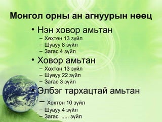 Монгол орны ан агнуурын нөөц
• Нэн ховор амьтан
– Хөхтөн 13 зүйл
– Шувуу 8 зүйл
– Загас 4 зүйл

• Ховор амьтан
– Хөхтөн 13 зүйл
– Шувуу 22 зүйл
– Загас 3 зүйл

• Элбэг тархацтай амьтан
– Хөхтөн 10 зүйл
– Шувуу 4 зүйл
– Загас ..... зүйл

 