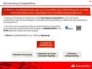 13
Governança Corporativa

O Banco é administrado por um Conselho de Administração e pela
    Diretoria Executiva, apoiados nos Comitês especializados
 O Banco Santander entende que a boa Governança Corporativa é uma vantagem
competitiva e elemento estratégico sustentado sobre dois pilares: os direitos de seus acionistas e
a transparência

 Em linha com as melhores práticas de governança corporativa
as Units do Banco Santander estão listadas na BM&FBOVESPA e na
NYSE (Bolsa de Valores de Nova Iorque)

 Nível 2 da BM&FBOVESPA com 100% de Tag Along



                                           Conselho de
                                          Administração



                                       3 Membros do Grupo                 3 Membros
          3 Membros Executivos
                                        Santander Espanha               Independentes
 