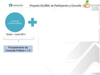 Proyecto GLOBAL de Participación y Consulta




                                          Definición de            Implementación
    Diseño de                              estructura              Consulta Pública
  Consulta Pública                         necesaria;                en empresas
                                          Contratación                forestales



Enero – Junio 2011                   Julio – Agosto 2011           Noviembre 2011




  Procedimiento de
Consulta Pública v 1.0

                     Procedimiento de
                     Consulta Pública v
                            2.0
 