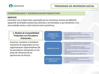 PROGRAMA DE INVERSION SOCIAL

COMPATIBILIDAD Y DIVERSIFICACION PRODUCTIVA
OBJETIVO
Contribuir con el desarrollo sustentable de los territorios vecinos de ARAUCO,
apoyando actividades productivas distintas a las forestales y que benefician a las
comunidades tanto a nivel cultural como económico.


     1. Modelo de Compatibilidad
      Productiva con Pescadores
             Artesanales
  Construir, mantener y fortalecer
  relaciones de largo plazo con las
  organizaciones representativas de
  los pescadores artesanales en las
  áreas de influencia de las
  operaciones de Arauco
 