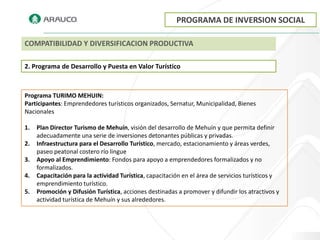 PROGRAMA DE INVERSION SOCIAL

COMPATIBILIDAD Y DIVERSIFICACION PRODUCTIVA

2. Programa de Desarrollo y Puesta en Valor Turístico



Programa TURIMO MEHUIN:
Participantes: Emprendedores turísticos organizados, Sernatur, Municipalidad, Bienes
Nacionales

1.   Plan Director Turismo de Mehuín, visión del desarrollo de Mehuín y que permita definir
     adecuadamente una serie de inversiones detonantes públicas y privadas.
2.   Infraestructura para el Desarrollo Turístico, mercado, estacionamiento y áreas verdes,
     paseo peatonal costero río lingue
3.   Apoyo al Emprendimiento: Fondos para apoyo a emprendedores formalizados y no
     formalizados.
4.   Capacitación para la actividad Turística, capacitación en el área de servicios turísticos y
     emprendimiento turístico.
5.   Promoción y Difusión Turística, acciones destinadas a promover y difundir los atractivos y
     actividad turística de Mehuín y sus alrededores.
 