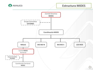 Estructura MIDES

                                                         Comité Directivo
                                                             MIDES


                          Grupo Consultivo
                             EXTERNO



                                                    Coordinación MIDES




                     MAULE                   BIO BIO N                  BIO BIO S      LOS RIOS


                   Comité MIDES
                     Territorial

Grupo Consultivo
   EXTERNO



             Coordinación Territorial
                    MIDES
 
