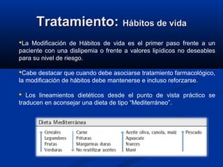 Tratamiento:Tratamiento: Hábitos de vidaHábitos de vida
La Modificación de Hábitos de vida es el primer paso frente a un
paciente con una dislipemia o frente a valores lipídicos no deseables
para su nivel de riesgo.
Cabe destacar que cuando debe asociarse tratamiento farmacológico,
la modificación de hábitos debe mantenerse e incluso reforzarse.
 Los lineamientos dietéticos desde el punto de vista práctico se
traducen en aconsejar una dieta de tipo “Mediterráneo”.
 