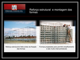 Reforço estrutural e montagem das
                                 formas




Reforço estrutural é feito antes da fixação   Formas projetadas para permitir empilhamento
               das formas                             e são muito intercambiáveis
 