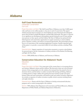 Alabama

          Gulf Coast Restoration
          Landscape Conservation
          Gulf Coast
          Project Description and Need: The Gulf Coastal Plain of Alabama, more than 31,000 square
          miles and home to two million people, is a key area in need of conservation. The region’s
          wetland and pine forest ecosystems are critical habitats for many threatened and endangered
          species like the Red Cockaded Woodpecker and Red Hills Salamander. The region is expected
          to see significant new development and population growth during the next 25 years, putting
          more pressure on these species and their habitat. The State of Alabama has partnered with
          federal agencies and conservation organizations to acquire easements to conserve habitat,
          protect migration corridors, and enhance recreational opportunities. The partnership’s primary
          focus is on conservation of the remaining longleaf pine ecosystem. Another important goal
          of this project is to provide a conservation buffer for local military activities, including “Dark
          Areas.”
          Potential Action: Support acquisition of conservation easements to conserve critical habitat
          for protected species and the continuation of military activities at Fort Rucker, Fort Benning,
          and Eglin Air Force Base.
          Partners: FWS, DOD, State of Alabama, and University of Alabama.


          Conservation Education for Alabama’s Youth
          Education
          Alabama
          Project Description and Need: As in many parts of the country, there is an increasing discon-
          nect between Alabama’s citizens and the outdoors. This disconnect shows up in the decreased
          amount of time young people are in the outdoors, the increased time they spend in front of
          electronic devices, and the decline in outdoor recreation like hunting and fishing. Alabama
          is seeking partners to help it address this growing disconnect between people and nature,
          between urban and rural communities, and between youth and outdoor recreation. Opportuni-
          ties include an expansion of outdoor recreation in public schools curricula, including hunter
          and angler education.
          Potential Action: Partner with the State of Alabama to develop environmental education
          programs and to connect young people to the outdoors.
          Partners: NPS, Alabama State Department of Conservation and Natural Resources, Alabama
          Department of Public Health, and Alabama Department of Education.




                                                                America’s Great Outdoors Fifty-State Report    7
 