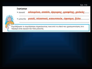 αλουμίνιο, ατσάλι, άργυρος, γραφίτης, χαλκός γυαλί, πλαστικό, καουτσούκ, ύφασμα, ξύλο Σελ. 113 
