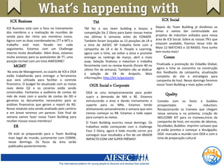 What’s happening with
  ICX Business                                           TM                                              ICX Social
ICX Business está com o foco no treinamento         TM fez o seu team building e lançou a            Depois do Team Building já dividimos os
dos membros e a realização de reuniões de           competição Six 2 Glory para bater nossas metas   times e vamos dar continuidade aos
venda para dar ritmo aos membros novos.             nas últimas 6 semanas antes da CONADE.           projetos de induction voltados para nossa
Agora com as duas coordenadorias (TT e MT) o        Também foram lançadas as 13 posições de LR e     área de ICX Social. Sobre as nossas TN's que
trabalho está mais focado em cada                   o time de AIESEC XP trabalha forte com a         estavam available, fizemos nesse mês de
seguimento. Estamos com um Challenge                campanha de LR e de X. People e Learning,        Maio 12 MATCHES e 10 RAISES. Para Junho
Interno muito desafiador. Além disso, estamos       agora com o time, vai voltar a ativa e promete   tem muito mais!
muito ansiosos para os postulantes de TT, uma       entregar os rankings de março, abril e maio           Comm
posição incrível com um time AWESOME!               asap. Seleção finalizou o induction e trabalha
                                                                                                     Finalizada a promoção do Cidadão Global,
    MGMT                                            ferozmente com os review boards (foram 40 no
                                                                                                     agora o time se concentra na construção
                                                    ultimo fim de semana). Também vão se dedicar
 Na area de Management, os coachs de ICX e OGX                                                       dos feedbacks da campanha, atualização
                                                    à seleção do EB de Anápolis. Mais
estão trabalhando para entregar a ferramenta                                                         completa do site e estratégias para
                                                    informações: http://bit.ly/gestaotm
que será utilizada para facilitar o controle                                                         campanha de host. Nesse domingo faremos
financeiro. O budget foi atualizado com as metas       OGX Social e Corporate                        nosso Team Building e mais ações virão!
reais deste Q2 e os cenários estão sendo
construídos. Fechamos a auditoria de contas do       OGX se uniu temporariamente para poder
mês de maio com o acerto de contas do DD e           suprir a demanda de MA e RE. Estamos
                                                                                                           Quality
geramos os documentos necessários para as            estruturando a área e dando treinamento e        Contato com os hosts e buddies
análises financeiras que geram o report da RG.       suporte para os MNs. Estamos tendo               prospectados          no        induction;
Nosso estatuto esta sendo analisado pelo cartório    alinhamento semanalmente e semana que vem        Recepcionando os trainees que chegam
e em breve teremos um parecer. Este final de         iremos começar os RB. Estamos a todo vapor       nessa semana e na próxima; criação do
semana vamos fazer nosso Team Building para          para cumprir as metas.                           WELCOME KIT para os trainees;inicio da
receber nossos novos membros!                        O Team Building ocorreu nesse domingo. Os        campanha de host, em escolas de idiomas,
    ER                                               trabalhos estão começando com o challenge        faculdades; Buddies: imprimir cartazes que
                                                     Four 2 Glory, agora é todo mundo correr pra      já estão prontos e começar a divulgação;
 ER está se preparando para o Team Building          conseguir esse resultados a fim de um MAIOR      OGX: marcada a reunião com OGX e com o
 mais legal do mundo, juntamente com COMM,           IMPACTO COM UM SUPER PRÊMIO!                     time de preparação cultural
 nesse domingo. Os focos da área serão
 publicados posteriormente.
 