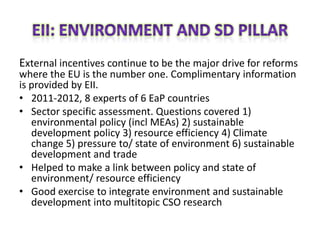 External incentives continue to be the major drive for reforms
where the EU is the number one. Complimentary information
is provided by EII.
• 2011-2012, 8 experts of 6 EaP countries
• Sector specific assessment. Questions covered 1)
   environmental policy (incl MEAs) 2) sustainable
   development policy 3) resource efficiency 4) Climate
   change 5) pressure to/ state of environment 6) sustainable
   development and trade
• Helped to make a link between policy and state of
   environment/ resource efficiency
• Good exercise to integrate environment and sustainable
   development into multitopic CSO research
 
