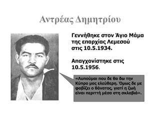 Αντρέας Δημητρίου
«Λυπούμαι που δε θα δω την
Κύπρο μας ελεύθερη. Όμως δε με
φοβίζει ο θάνατος, γιατί η ζωή
είναι περιττή μέσα στη σκλαβιά».
Γεννήθηκε στον Άγιο Μάμα
της επαρχίας Λεμεσού
στις 10.5.1934.
Απαγχονίστηκε στις
10.5.1956.
 