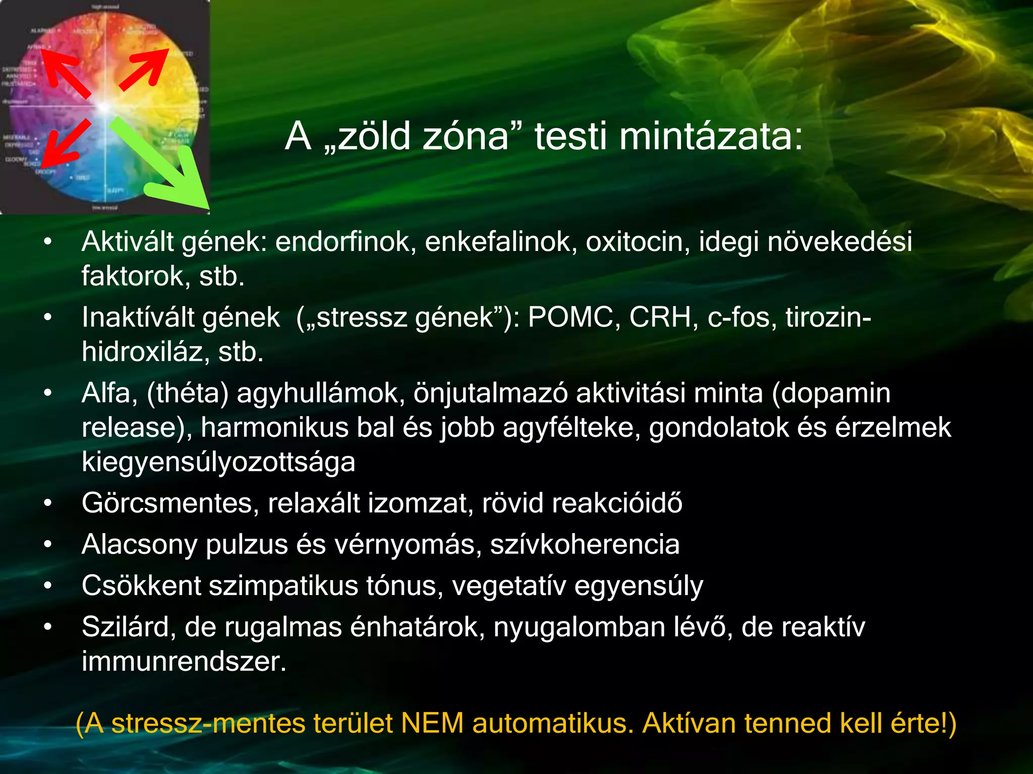 • Aktivált gének: endorfinok, enkefalinok, oxitocin, idegi növekedési
faktorok, stb.
• Inaktívált gének („stressz gének”): POMC, CRH, c-fos, tirozin-
hidroxiláz, stb.
• Alfa, (théta) agyhullámok, önjutalmazó aktivitási minta (dopamin
release), harmonikus bal és jobb agyfélteke, gondolatok és érzelmek
kiegyensúlyozottsága
• Görcsmentes, relaxált izomzat, rövid reakcióidő
• Alacsony pulzus és vérnyomás, szívkoherencia
• Csökkent szimpatikus tónus, vegetatív egyensúly
• Szilárd, de rugalmas énhatárok, nyugalomban lévő, de reaktív
immunrendszer.
(A stressz-mentes terület NEM automatikus. Aktívan tenned kell érte!)
A „zöld zóna” testi mintázata:
 