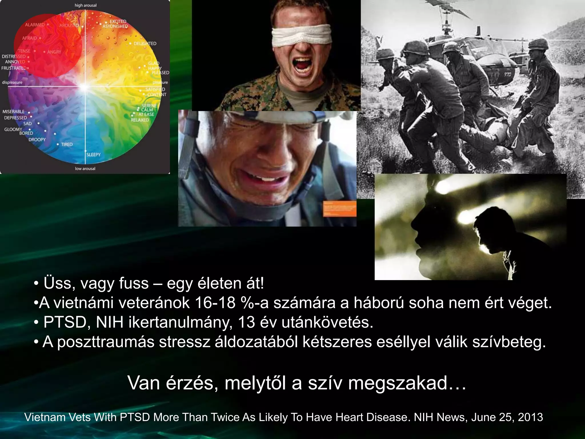 Vietnam Vets With PTSD More Than Twice As Likely To Have Heart Disease. NIH News, June 25, 2013
• Üss, vagy fuss – egy életen át!
•A vietnámi veteránok 16-18 %-a számára a háború soha nem ért véget.
• PTSD, NIH ikertanulmány, 13 év utánkövetés.
• A poszttraumás stressz áldozatából kétszeres eséllyel válik szívbeteg.
Van érzés, melytől a szív megszakad…
 
