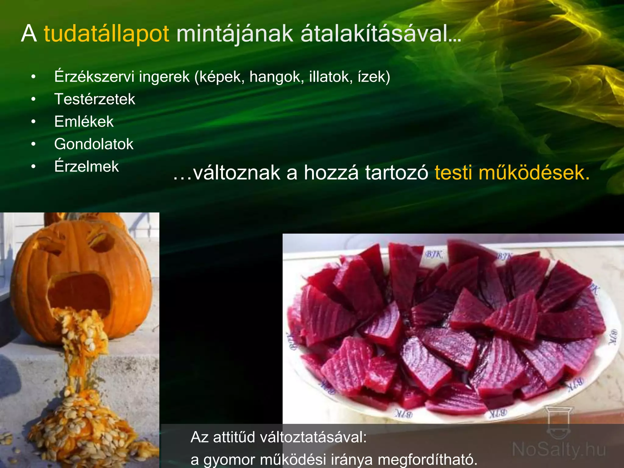 • Érzékszervi ingerek (képek, hangok, illatok, ízek)
• Testérzetek
• Emlékek
• Gondolatok
• Érzelmek
A tudatállapot mintájának átalakításával…
…változnak a hozzá tartozó testi működések.
Az attitűd változtatásával:
a gyomor működési iránya megfordítható.
 