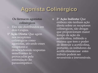 Os fármacos agonistas
colinérgicos
 Eles são distribuídos em
dois Grupos.
1° Ação Direta: Que agem
nos receptores
colinérgicos como
agonistas, ativando esses
receptores e
desencadeando respostas
semelhantes às
provocadas pela
estimulação do
parassimpático.
 2° Ação Indireta: Que
embora não tenham ação
direta sobre os receptores
colinérgicos, são drogas
que proporcionam maior
tempo da ação da
acetilcolina, inibindo a
enzima que tem o poder
de destruir a acetilcolina,
portanto, os inibidores da
acetilcolinesterase estes
inibido podem ser
reversíveis e irreversíveis.
 