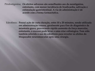 Piridostigmina; Os efeitos adversos são semelhantes aos da neostigmina,
entretanto, com menor incidência de bradicardia, salivação e
estimulação gastrintestinal. A via de administração é de
acordo com a forma farmacêutica.
Edrofônio; Possui ação de curta duração, entre 10 a 20 minutos, sendo utilizada
em administração venosa, geralmente para fins de diagnóstico da
miastenia grave, provocando rápido aumento da força muscular,
entretanto, o excesso pode levar a uma crise colinérgica. Tem sido
também referido o uso do edrofônio para reverter os efeitos do
bloqueador neuromuscular após uma cirurgia.
 