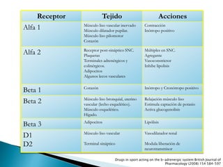 Receptor Tejido Acciones
Alfa 1 Músculo liso vascular inervado
Músculo dilatador pupilar.
Músculo liso pilomotor
Corazón
Contracción
Inótropo positivo
Alfa 2 Receptor post-sináptico SNC.
Plaquetas
Terminales adrenérgicos y
colinérgicos.
Adipocitos
Algunos lecos vasculares
Múltiples en SNC.
Agregante
Vasoconstrictor
Inhibe lipolisis
Beta 1 Corazón Inótropo y Cronótropo positivo
Beta 2 Músculo liso bronquial, uterino
vascular (lecho esquelético).
Músculo esquelético.
Hígado.
Relajación músculo liso
Estimula captación de potasio
Activa glucogenolisis
Beta 3 Adipocitos Lipólisis
D1
D2
Músculo liso vascular
Terminal sináptico
Vasodilatador renal
Modula liberación de
neurotransmisor
Drugs in sport acting on the b-adrenergic system British Journal of
Pharmacology (2008) 154 584–597
 