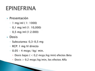  Presentación
◦ 1 mg/ml ( 1: 1000)
◦ 0,1 mg/ml (1: 10,000)
◦ 0,5 mg/ml (1:2.000)
 Dosis
◦ Subcutanea: 0,3-0,5 mg
◦ RCP: 1 mg IV directo
◦ 0.05 – 4 mcgs/ kg/ min.
 Dosis bajas ( < 0,2 mcgs/kg/min) efectos Beta
 Dosis > 0,2 mcgs/kg/min, los efectos Alfa
 