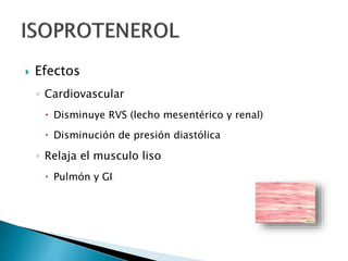  Efectos
◦ Cardiovascular
 Disminuye RVS (lecho mesentérico y renal)
 Disminución de presión diastólica
◦ Relaja el musculo liso
 Pulmón y GI
 