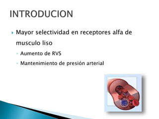  Mayor selectividad en receptores alfa de
musculo liso
◦ Aumento de RVS
◦ Mantenimiento de presión arterial
 