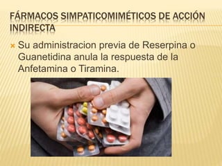 FÁRMACOS SIMPATICOMIMÉTICOS DE ACCIÓN
INDIRECTA
 Su administracion previa de Reserpina o
Guanetidina anula la respuesta de la
Anfetamina o Tiramina.
 