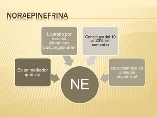 NORAEPINEFRINA
NE
Es un mediador
químico
Liberado por
nervios
simpáticos
posganglionares
Constituye del 10
al 20% del
contenido
catecolamínico de
la médula
suprarrenal
 