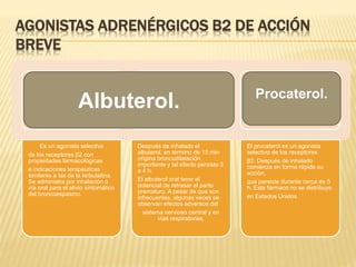 AGONISTAS ADRENÉRGICOS Β2 DE ACCIÓN
BREVE
Es un agonista selectivo
de los receptores β2 con
propiedades farmacológicas
e indicaciones terapéuticas
similares a las de la terbutalina.
Se administra por inhalación o
vía oral para el alivio sintomático
del broncoespasmo.
Después de inhalado el
albuterol, en término de 15 min
origina broncodilatación
importante y tal efecto persiste 3
a 4 h.
El albuterol oral tiene el
potencial de retrasar el parto
prematuro. A pesar de que son
infrecuentes, algunas veces se
observan efectos adversos del
sistema nervioso central y en
vías respiratorias.
El procaterol es un agonista
selectivo de los receptores
β2. Después de inhalado
comienza en forma rápida su
acción,
que persiste durante cerca de 5
h. Este fármaco no se distribuye
en Estados Unidos.
Albuterol. Procaterol.
 