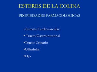 ESTERES DE LA COLINA
PROPIEDADES FARMACOLOGICAS


  • Sistema Cardiovascular

  • Tracto Gastrointestinal
  •Tracto Urinario
  •Glándulas
  •Ojo
 