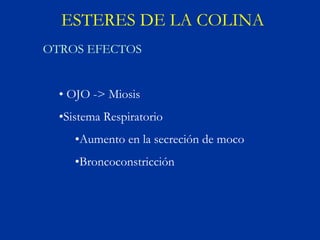ESTERES DE LA COLINA
OTROS EFECTOS


  • OJO -> Miosis
  •Sistema Respiratorio
     •Aumento en la secreción de moco
     •Broncoconstricción
 