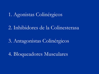 1. Agonistas Colinérgicos

2. Inhibidores de la Colinesterasa

3. Antagonistas Colinérgicos

4. Bloqueadores Musculares
 
