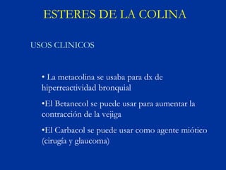 ESTERES DE LA COLINA

USOS CLINICOS


  • La metacolina se usaba para dx de
  hiperreactividad bronquial
  •El Betanecol se puede usar para aumentar la
  contracción de la vejiga
  •El Carbacol se puede usar como agente miótico
  (cirugía y glaucoma)
 