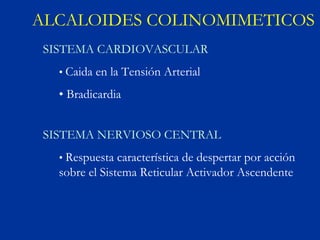 ALCALOIDES COLINOMIMETICOS
 SISTEMA CARDIOVASCULAR
   • Caida en la Tensión Arterial

   • Bradicardia


 SISTEMA NERVIOSO CENTRAL
   • Respuesta característica de despertar por acción
   sobre el Sistema Reticular Activador Ascendente
 