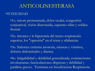 ANTICOLINESTERASA
•TOXICIDAD
  •1o. miosis pronunciada, dolor ocular, congestión
  conjuatival, visión disnvnuida, espasmo ciliar y cefalea
  frontal
  •2o. rinorrea y la hiperemia del tracto respiratorio
  superior, los "opresión" en el tórax y sibilancias
  •3o. Sialorrea extrema anorexia, náuseas y vómitos,
  dolores abdominales y diarrea.
  •4o. fatigabilidad y debilidad generalizada, contracciones
  involuntarias, fasciculaciones dispersas y debilidad y
  parálisis graves. Terminan en Insuficiencia Respiratoria
 