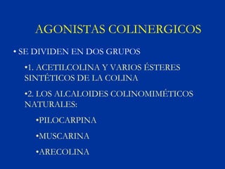 AGONISTAS COLINERGICOS
• SE DIVIDEN EN DOS GRUPOS
  •1. ACETILCOLINA Y VARIOS ÉSTERES
  SINTÉTICOS DE LA COLINA
  •2. LOS ALCALOIDES COLINOMIMÉTICOS
  NATURALES:
    •PILOCARPINA
    •MUSCARINA
    •ARECOLINA
 