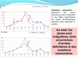 Mutations saisonnières :
régression des totaux
mensuels de juin à septembre
et une légère augmentation
des totaux pluviométriques
mensuels entre septembre et
octobre.
Au total, les
pluies sont
irrégulières, forte
occurrences
d’années
déficitaires et des
mutations
saisonnières
Ouidah
0
70
140
210
280
350
Janv
Févr
Mars
Avr
Mai
Juin
Juil
Août
Sept
Oct
Nov
Déc
1965-1970 1971-2010
Grand-Popo
0
70
140
210
280
350
Janv
Févr
Mars
Avr
Mai
Juin
Juil
Août
Sept
Oct
Nov
Déc
1965-1975 1976-2010
 