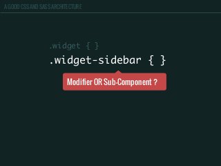 A GOOD CSS AND SASS ARCHITECTURE
.widget-sidebar { }
.widget { }
Modifier OR Sub-Component ?
 