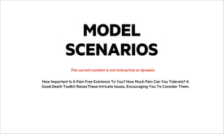 MODEL
SCENARIOS
How Important Is A Pain Free Existence To You? How Much Pain Can You Tolerate? A
Good Death Toolkit RaisesThese Intricate Issues, Encouraging You To Consider Them.
The current content is not interactive or dynamic
 