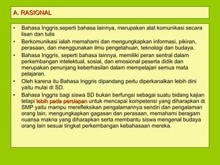 A. RASIONAL Bahasa Inggris,seperti bahasa lainnya, merupakan alat komunikasi secara lisan dan tulis Berkomunikasi ialah memahami dan mengungkapkan informasi, pikiran, perasaan, dan menggunakan ilmu pengetahuan, teknologi dan budaya. Bahasa Inggris, seperti bahasa lainnya, memiliki peran sentral dalam perkembangan intelektual, sosial, dan emosional peserta didik dan merupakan penunjang keberhasilan dalam mempelajari semua mata pelajaran. Oleh karena itu Bahasa Inggris dipandang perlu diperkanalkan lebih dini yaitu mulai di SD. Bahasa Inggris bagi siswa SD bukan berfungsi sebagai suatu bidang kajian tetapi  lebih pada persiapan  untuk mencapai kompetensi yang diharapkan di SMP yaitu mampu merefleksikan pengalamannya sendiri dan pengalaman orang lain, mengungkapkan gagasan dan perasaan, memahami beragam nuansa makna yang diharapkan serta membantu siswa mengenal budaya orang lain sesuai tingkat perkembangan kebahasaan mereka. 