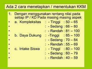 Ada 2 cara menetapkan / menentukan KKM 1.  Dengan menggunakan rentang nilai pada setiap IP / KD Pada masing masing aspek a.  Ko m pleksitas :  - Tinggi : 50 – 65   :  - Sedang : 66 – 80   :  - Randah : 81 – 100 b.  Daya Dukung :  -Tinggi : 85 – 100   :  - Sedang : 70 – 84   :  - Rendah : 55 – 69 c.  Intake Siswa :  - Tinggi : 80 – 100   :  - Sedang : 60 – 79   :  - Rendah : 40 – 59 