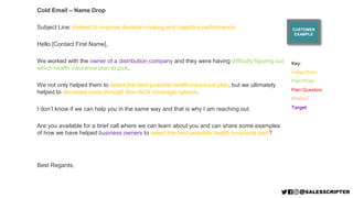 CUSTOMER
EXAMPLE
Cold Email – Name Drop
Subject Line: Helped to improve decision-making and cognitive performance
Hello [Contact First Name],
We worked with the owner of a distribution company and they were having difficulty figuring out
which health insurance plan to pick.
We not only helped them to select the best possible health insurance plan, but we ultimately
helped to decrease costs through Non-ACA coverage options.
I don’t know if we can help you in the same way and that is why I am reaching out.
Are you available for a brief call where we can learn about you and can share some examples
of how we have helped business owners to select the best possible health insurance plan?
Best Regards,
Key:
Value Point
Pain Point
Pain Question
Product
Target
 