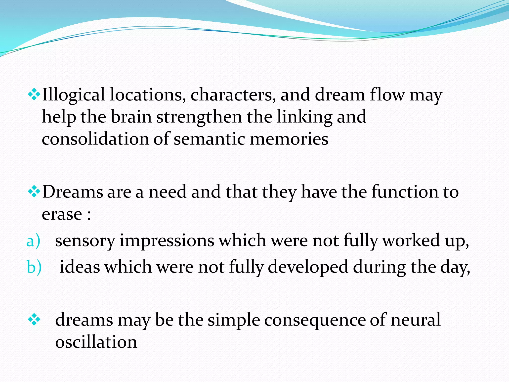 Spiritually as messages from gods, the deceased, predictions of the future, or from the Soul.The Neurobiology of dreaming Activation synthesis theory asserts that the sensory experiences are fabricated by the cortex as a means of interpreting chaotic signals from the Pons