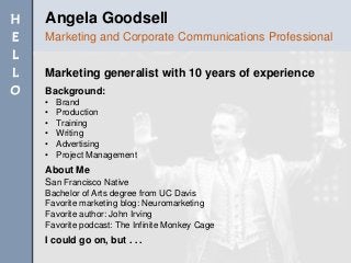 Marketing generalist with 10 years of experience
Background:
• Brand
• Production
• Training
• Writing
• Advertising
• Project Management
About Me
San Francisco Native
Bachelor of Arts degree from UC Davis
Favorite marketing blog: Neuromarketing
Favorite author: John Irving
Favorite podcast: The Infinite Monkey Cage
I could go on, but . . .
Angela Goodsell
Marketing and Corporate Communications Professional
H
E
L
L
O
 