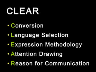 CLEAR
• Conversion
• Language Selection
• Expression Methodology
• Attention Drawing
• Reason for Communication
 