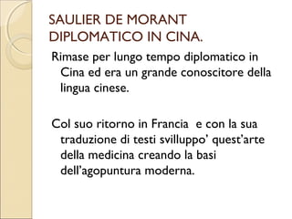 LA STORIA.
HUANG TI TERZO IMPERATORE È L’AUTORE DEL
TESTO PIÙ ANTICO E IMPORTATE
DELL’AGOPUNTURA IL NEI-CHING.

È UN OPERA STRAORDINARIA ANCHE SE È
SCRITTA A PIÙ MANI IN 500 ANNI.

IL TRATTATO È SOTTO FORMA DI DIALOGO COL
SUO MEDICO E MINISTRO QUI BO.

È CITATO L’EFFETTO TOSSICO DELLE MEDICINE E IL
CONSIGLIO DI FARE USO DELLE PUNTE DI PIETRA.

LA DATAZIONE È INCERTA MA SICURAMENTE PRIMA
DELL’ANNO DOMINI.
 