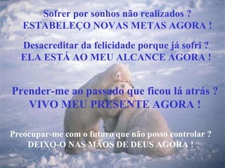 Sofrer por sonhos não realizados ? ESTABELEÇO NOVAS METAS AGORA ! Desacreditar da felicidade porque já sofri ? ELA ESTÁ AO MEU ALCANCE AGORA ! Prender-me ao passado que ficou lá atrás ? VIVO MEU PRESENTE AGORA ! Preocupar-me com o futuro que não posso controlar ? DEIXO-O NAS MÃOS DE DEUS AGORA ! Preocupar-me com o futuro que não posso controlar ? DEIXO-O NAS MÃOS DE DEUS AGORA ! Preocupar-me com o futuro que não posso controlar ? DEIXO-O NAS MÃOS DE DEUS AGORA !